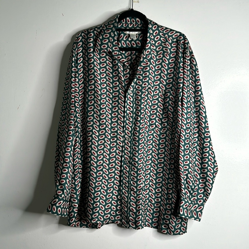 Bogari vintage slik button up shirt size large green burgundy beige offi…